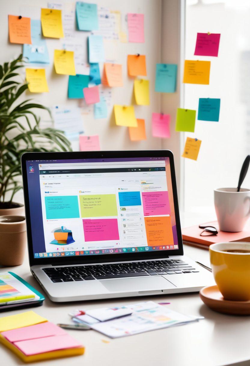 A bright and lively workspace scene showcasing modern blogging tools like a laptop, a smartphone with social media apps open, and colorful sticky notes. Include a steaming cup of coffee and an inspirational quote on the wall. Elements of analytics and graphs subtly hovering in the air to represent insights. The overall atmosphere should be energetic and motivating, combining a blend of digital and cozy aesthetics. vibrant colors. modern design.