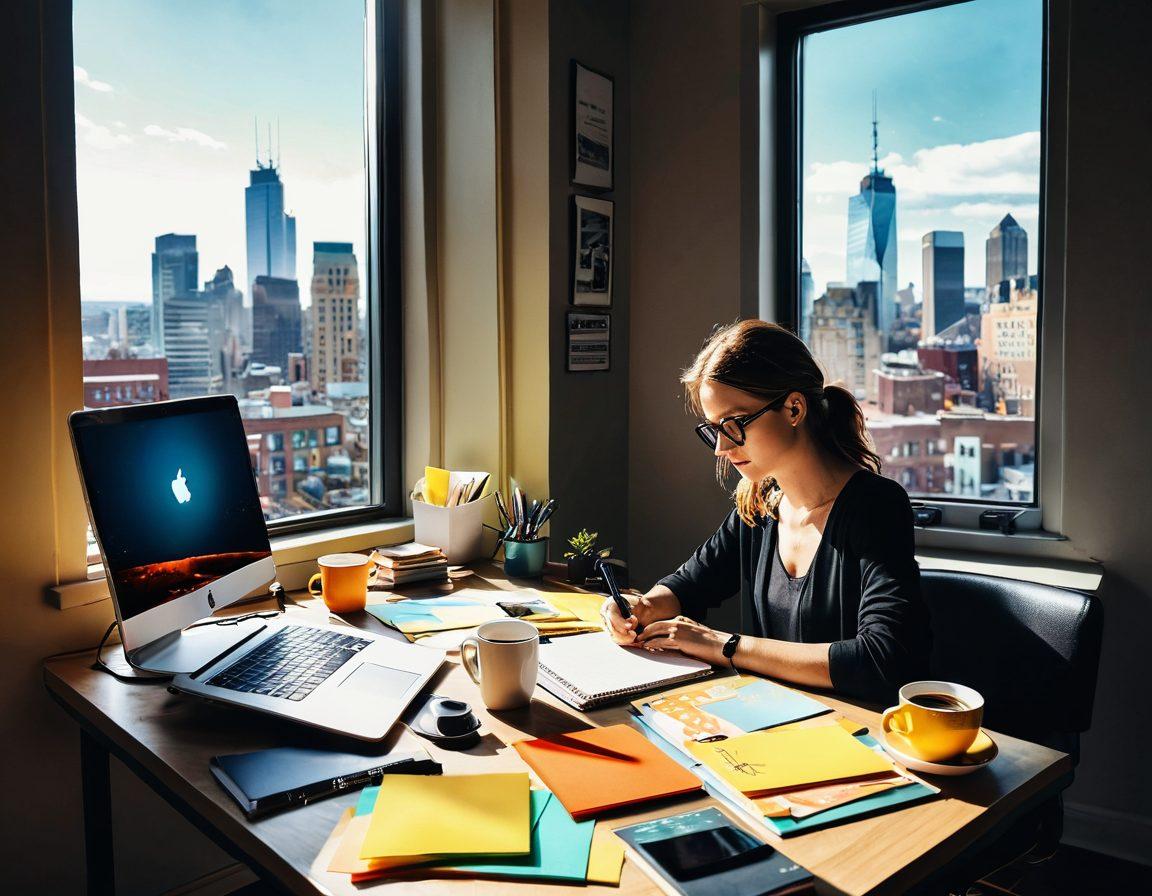 A modern blogger sitting at a stylish desk cluttered with notebooks, a laptop, and a cup of coffee with vibrant post-it notes. The background features a large window with sunlight streaming in, showcasing a cityscape view. Engaging elements like graphics of social media icons and colorful infographics float around, representing content creation tools. The atmosphere is dynamic and inspiring, filled with warm colors to evoke creativity. vibrant colors. 3D.