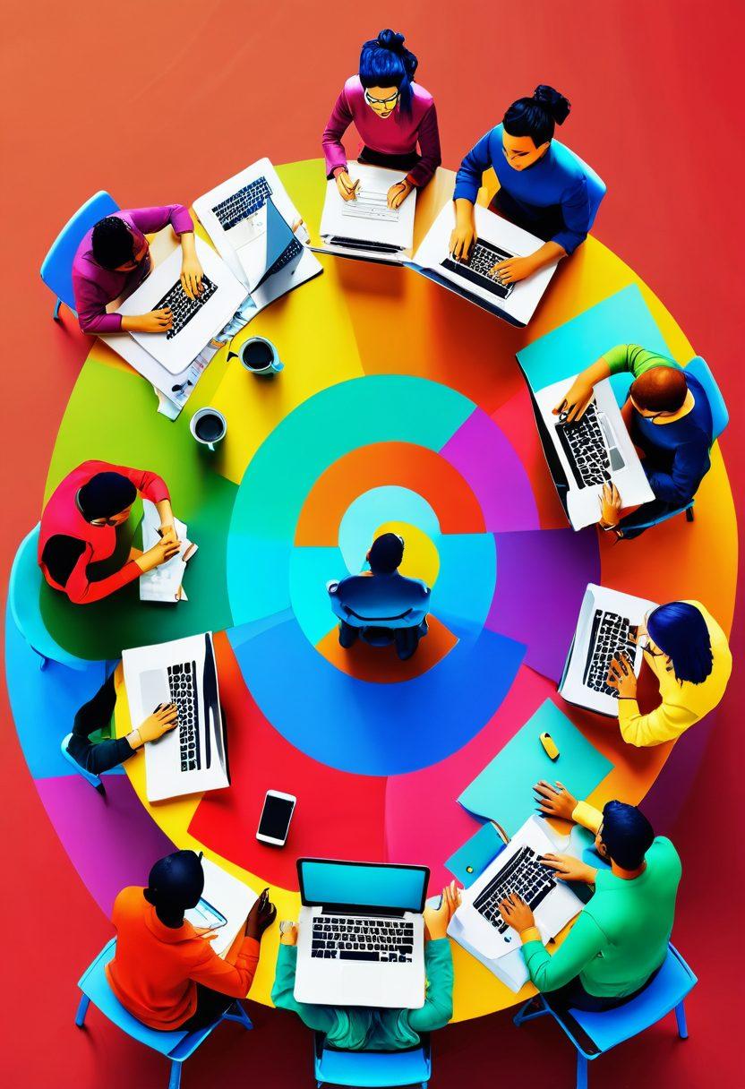 A whimsical, educational scene depicting a diverse group of bloggers sharing tips over a colorful round table filled with laptops, notebooks, and coffee. In the background, a giant key symbolizes 'unlocking secrets', with floating icons of trends and tools like charts, social media logos, and gears. The atmosphere is vibrant and energetic, teeming with creativity and collaboration. illustration. vibrant colors. 3D.